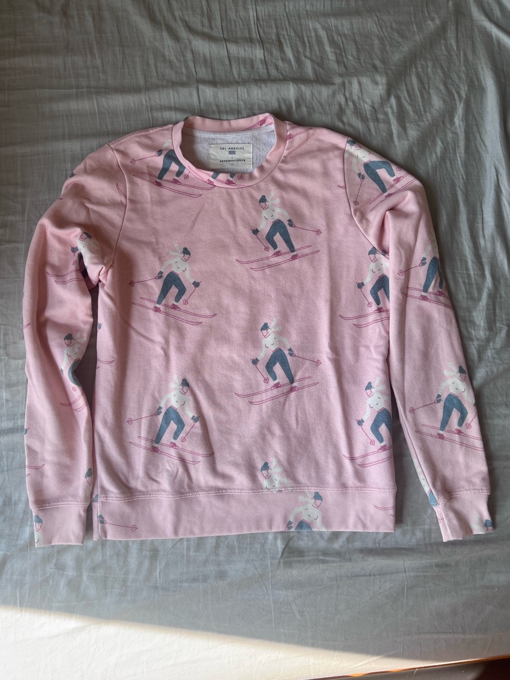 Anthropologie Pink Ski-Print Crewneck Sweatshirt